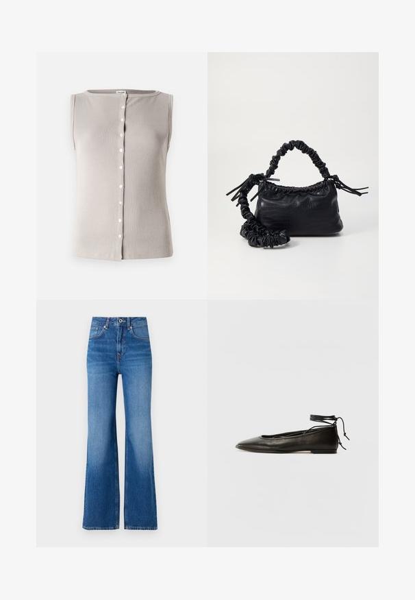 Top senza maniche di un grigio chiaro, realizzato in tessuto a costine, con scollatura rotonda e chiusura frontale con bottoni bianchi.; Jeans in denim blu a gamba larga con vita alta, dotati di zip, chiusura con bottone e un leggero sbiadimento lungo le gambe.; Ballerine in pelle nera con punta affusolata, laccio alla caviglia e suola piatta, caratterizzate da una texture liscia e un design minimalista.; Borsa a tracolla in ecopelle nera con texture a coccodrillo, apertura cinchata e tracolla arricciata. Si presenta con un design morbido e compatto.