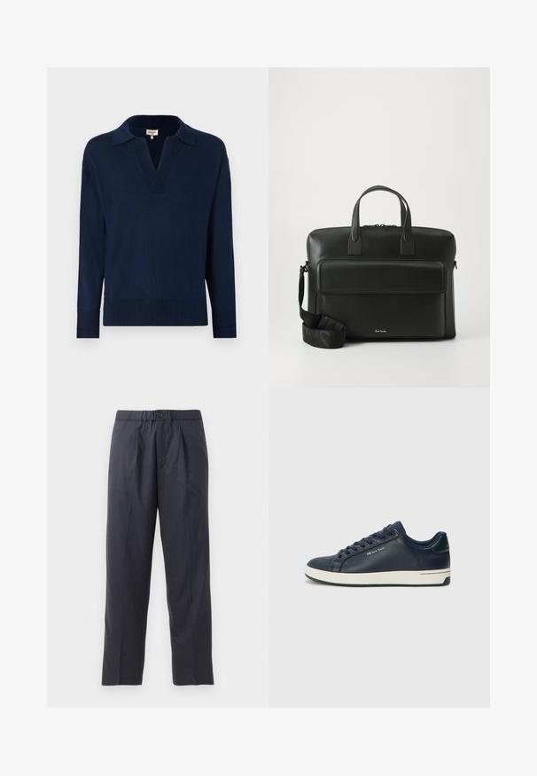 Tummansininen, pitkähihainen neule, jossa on V-pääntie ja kaulus. Varustettu ribbien hihansuilla ja helmalla, valmistettu pehmeästä, teksturoidusta kankaasta.; Tummansiniset housut, jotka on valmistettu pehmeästä kankaasta ja niissä on pleidattu etuosa sekä joustava vyötärö. Varustettu napilla suljettavalla ja suoran lahkeen leikkauksella.; Navy nahka lenkkarit valkoisella kumipohjalla, pyöreällä varpaalla ja tasaisilla nauhoilla. Ominaisuuksiin kuuluu vihreä kantapääkorostus ja huomaamaton brändilogo sivussa.; Musta nahkainen salkku, jossa on kaksinkertaiset yläpitäjät, etutasku ja irrotettava hihna, ja jossa on huomaamaton merkintä pohjassa.