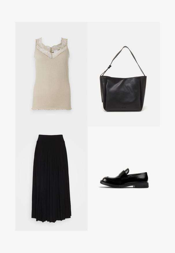 Beige ribbet tanktop med en bølget blonde-udskæring. Stoffet er glat, med en tætsiddende silhuet og delikate blonde-detaljer.; Sort plisseret nederdel med et højt, strækbart taljebånd. Lavet af blødt stof, med lodrette plisseringer for en flydende silhuet.; Sort læderloafer med rund tå, flad gummisål og fremtrædende stropdetalje over vristen. Glat tekstur, minimalistisk design.; Calvin Klein GRACIE MEDIUM - Håndtasker - black