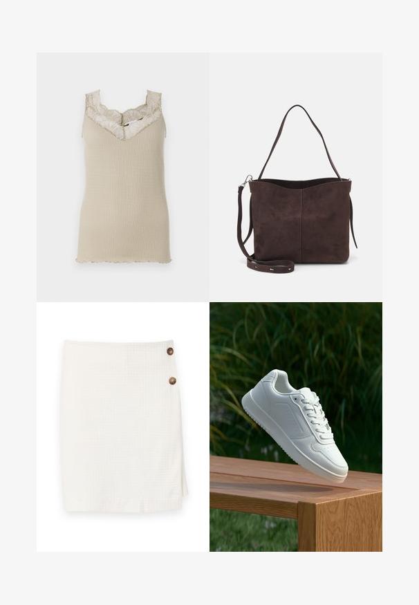 Beige ribbipaita, jossa on halkopalakuvioinen pitsi kaula-aukko. Kankaan pinta on sileä, ja se on muotoiltu istuvaksi siluetiksi herkällä pitsi koristelulla.; Valkoinen hame, jossa on tekstuuri, esittelee kietaisumallin ja kaksi pyöreää nappia sivussa kiinnitystä varten.; Valkoiset tennarit, joissa on sileä synteettinen päällinen, rei'itetty varvasosa, litteät nauhat ja teksturoitu pohja, esillä puupinnalla.; Ruskea mokkanahkainen kassi, jonka pinta on pehmeä. Kassissa on yksi olkahihna ja hienovarainen, kaareva yläaukeama. Ei näkyviä metalliosia.