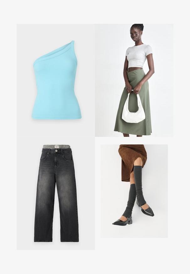 Top din bumbac ribat, de culoare albastră deschisă, cu un design pe un umăr și o textură netedă. Materialul elastic asigură o siluetă ajustată.; Jeans negre din denim cu croi larg, dotate cu un brâu cu model houndstooth. Caracteristici includ buzunare frontale și închidere cu buton. Textură uzată.; Pantofi negri din piele lacuită, cu vârful ascuțit, toc bloc și curea la glezna, asortați cu jambiere gri cu nervuri și o fustă din suede maro.; Crop top griș cu dungi și fustă verde măsliniu cu talie înaltă. Modelul ține o geantă albă de umăr cu detalii tăiate. Design simplu, siluetă ajustată.