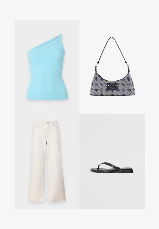 Top in cotone a coste azzurro chiaro con design a spalla unica e texture liscia. Il tessuto elastico offre una silhouette aderente.; Pantaloni in denim bianchi a gamba larga con vita regolabile tramite cordoncino, tasche frontali e dettagli di cucitura discreti. Realizzati in robusto cotone.; Infradito neri in pelle liscia, con un design a fascia sottile e una suola piatta dal profilo minimale. Nessun motivo o accento particolare.; Borsa a tracolla in stile hobo in tessuto blu navy con un motivo a diamante, dotata di una placca con logo e di una tracolla liscia. Superficie texturizzata.