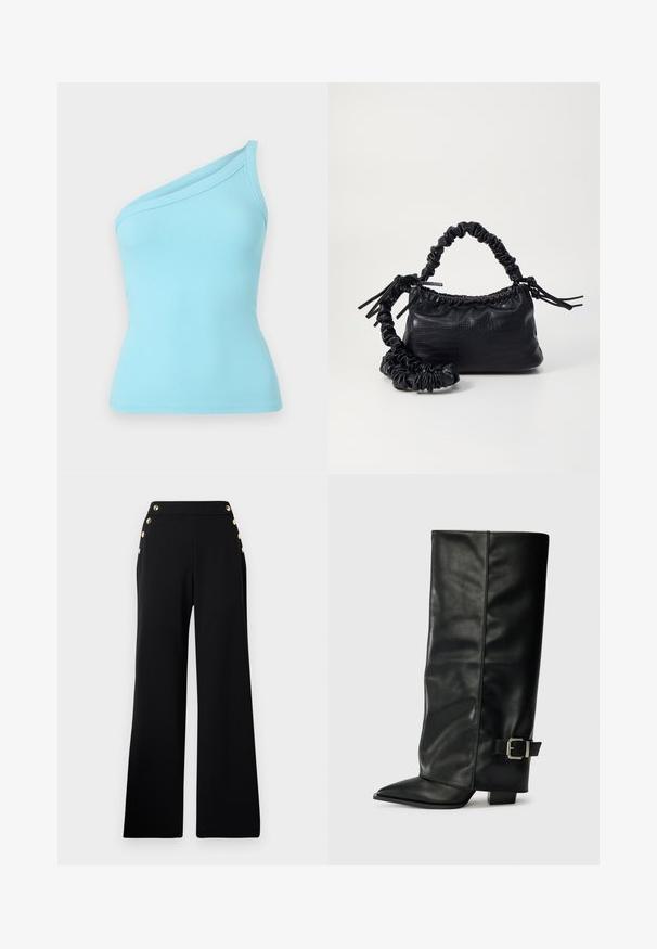 Világoskék bordázott ujjú top, ami egy vállon viselhető dizájnnal rendelkezik és sima tapintású. Rugalmas anyagának köszönhetően jól illeszkedik.; Fekete, magas derekú, bő szárú nadrág arany gombokkal az elején és zsebekkel mindkét oldalon, fehér háttérrel.; Fekete bőr bokáig érő csizmák hegyes orral, sima felülettel és ezüst csattal az oldalon. Tömbös négyzet alakú sarok.; Fekete műbőr kézi táska krokodil bőr textúrával, összehúzható tetejű és gyűrt pánttal. Lágy és kompakt dizájnúnak tűnik.