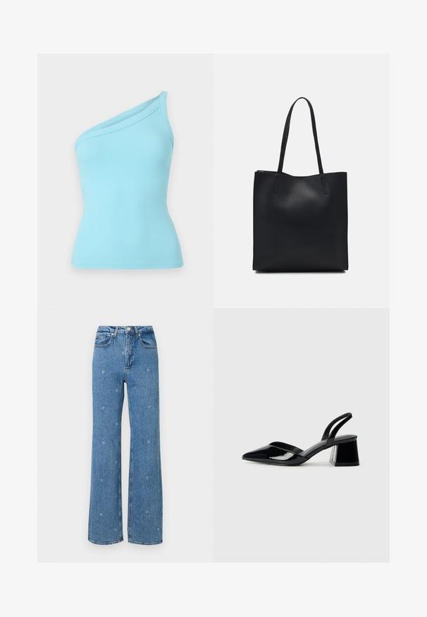 Débardeur bleu clair à côtes avec un design asymétrique sur une épaule et une texture lisse. Le tissu élastique offre une coupe ajustée.; Jeans bleu taille haute à jambes droites avec de petites broderies florales blanches éparpillées sur le tissu.; Escarpins en cuir verni noir avec bout pointu et talon bloc géométrique. Présente un design élégant et minimaliste ainsi qu'une texture lisse.; Sac fourre-tout en cuir noir avec une texture lisse, de forme rectangulaire et deux longues poignées. Pas de matériel ou d'ornementations visibles.