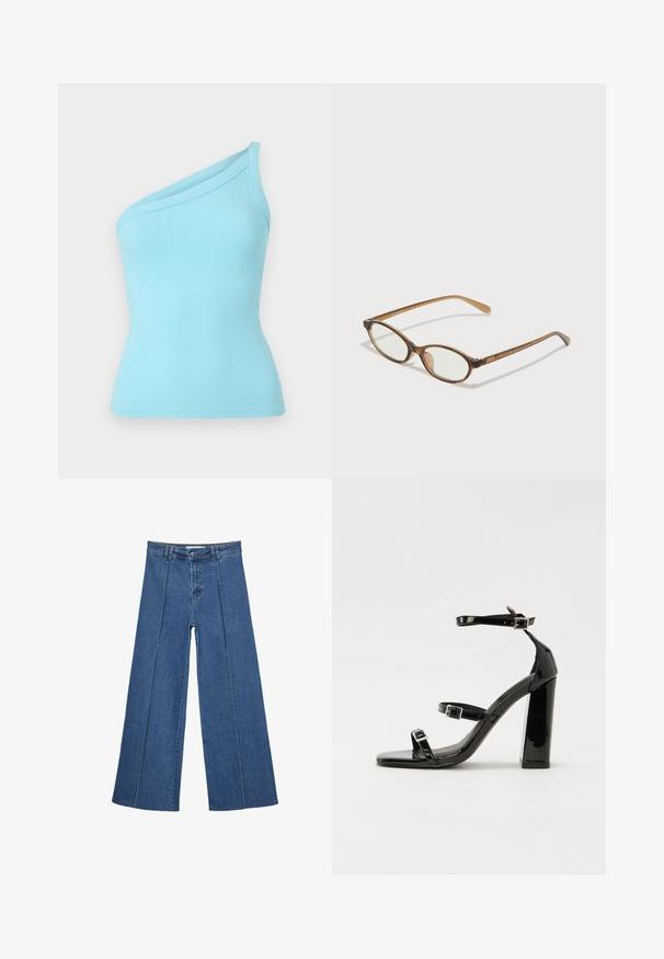 Svetlo modra rebrasta majica brez naramnic z enostranskim dizajnom in gladko teksturo. Elastičen material zagotavlja prilegajočo silhueto.; Jeans širokih nogavic v srednji modri barvi, z visokim pasom, gumbom in kontrastnimi navpičnimi šivi spredaj.; Črne lakirane sandale s peto, kvadratnim prstom, trakovi okrog gležnja in srebrnimi zaponkami. Opremljene so s stabilno Debelo peto.; Rjavo želvovina očala z ovalnimi lečami, tankimi ročaji in prosojnimi detajli. Imajo subtilen logo na templetu. Eleganten, lahek dizajn.