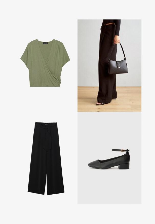 Īsām piedurknēm, olīvzaļš apakšveļas tops, kas izgatavots no mīksta, viegla auduma ar V-veida izgriezumu un savelktu detaļu sānos.; Melni platleņķa bikses ar teksturētu audumu, elastīgu jostu un noņemamu siksnu viduklī, kas nodrošina regulējamu piegulšanu.; Melnas ādas sūkņi ar smailu purngalu un zemu bloku papēdi. Iezīmēts ar potītes siksniņu ar zelta krāsas sprādzi. Gluda tekstūra.; Melnā somiņa ar strukturētu formu, gludu tekstūru un metālu sprādzi. Saskaņota ar platām melnām biksēm un sandālēm ar atvērtu purngalu uz koka grīdas.