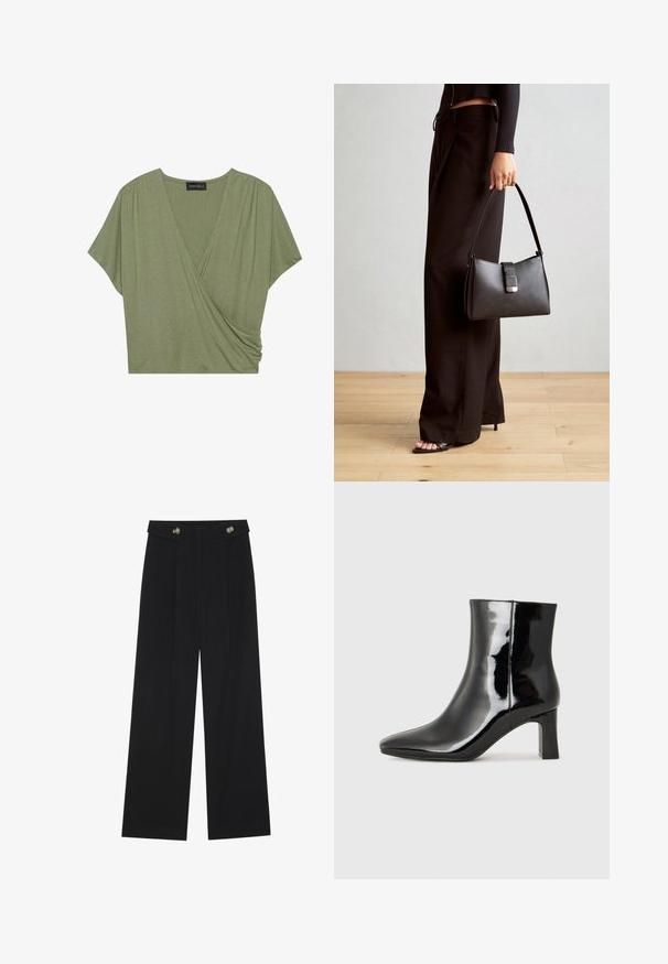 Trumpas rankovėmis, alyvuogių žalios spalvos apvyniojamas viršus, pagamintas iš minkštos, lengvos medžiagos su V formos iškirpte ir susiraukšlėjimais šone.; Juodi plačios kojos kelnės su aukštu liemeniu, sagų detalėmis ant liemens ir priekinėmis raukšlėmis.; Juodos lakuotos odinės aulinukės su smailiu pirštu ir vidutinio aukščio blokuotu kulnu. Lygus paviršius ir minimalistinis dizainas.; Juodas rankinė struktūrizuota forma, lygi tekstūra ir metalinis užsegimas. Suporuota su plačiomis juodomis kelnėmis ir atvirais bateliais ant medinių grindų.