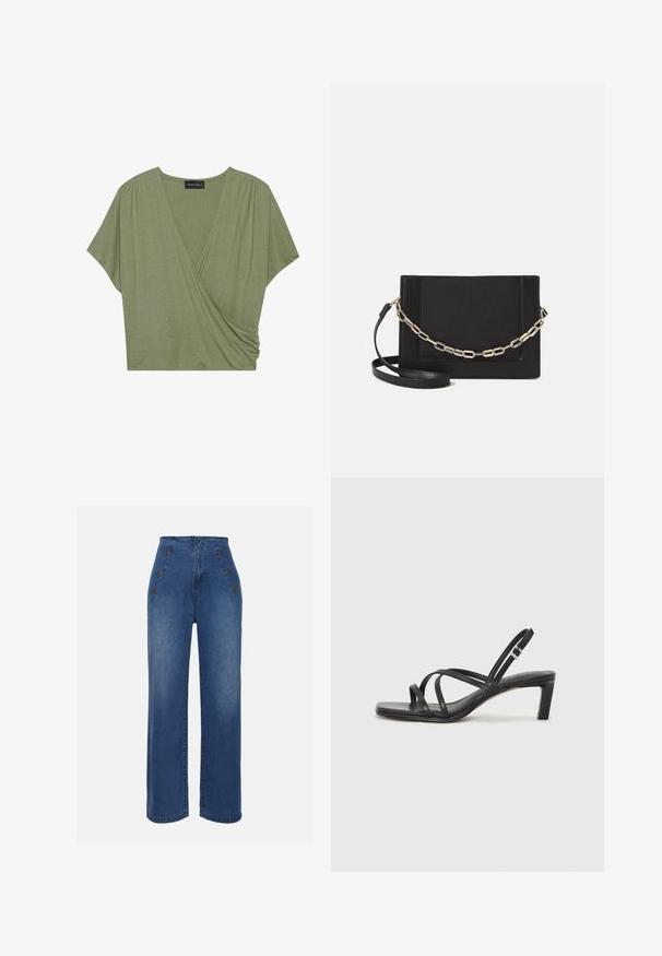 Lühikeste varrukatega oliivroheline kätkekleepp, mis on valmistatud pehmest ja kergest kangast, V-kaelusega ning kogutud külje detailidega.; Keskmise sinise värviga kõrge vöökohaga teksad. Omavad esipoolsete nööbiefekte ja laia jala disaini. Kanga tekstuur on sile ja kerge kulumisega.; Mustast rihmajalatsid ruudukujulise varba ja madala ploki kontsaga. Omab mitmeid õhukesi rihmasid ja reguleeritavat pahkluu rihma. Valmistatud siledast nahast.; Mustast nahast õlakott, mis omab siledat tekstuuri, ristküliku kuju ning esiküljel metallketi detaili. Reguleeritav rihm on kaasas.