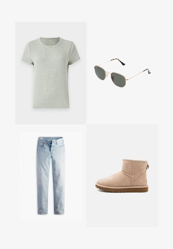 T-shirt grigia a maniche corte con scollo rotondo, realizzata in tessuto ribbed. Texture liscia, vestibilità regolare e design minimal.; Jeans in denim blu chiaro con taglio dritto, due tasche frontali e due tasche posteriori. Include una chiusura a due bottoni e cuciture sottili.; Stivale alla caviglia in suede beige con punta arrotondata, dettagli cuciti e suola in gomma marrone texturizzata. Presenta un passante sul retro.; Occhiali da sole con montatura in metallo dorato e lenti verde scuro, stile aviator, con aste sottili e dettagli in tartaruga sulle punte.; Borsa tote sintetica grigia con due manici lunghi e una piccola busta con zip coordinata, dotata di un pompon. Texture liscia con un motivo sottile.