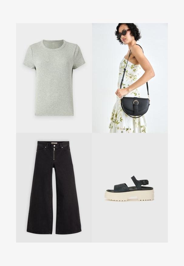 Graues kurzärmliges T-Shirt mit Rundhalsausschnitt, aus geripptem Stoff gefertigt. Glatte Textur mit regulärer Passform und minimalistischem Design.; Schwarze Denim-Jeans mit weitem Bein, Reißverschluss vorne, Fünf-Taschen-Design und dezenten Stickdetails. Glatte Textur und lässiger Stil.; Schwarze Wildleder-Plateausandalen mit einer klobigen weißen Sohle, breitem Vorderriemen und verstellbarem Knöchelriemen. Strukturierte Laufsohle für besseren Halt.; Schwarze Lederhandtasche mit geschwungener Form, abnehmbarem Tragegurt und goldenen Beschlägen. Die Tasche verfügt über einen Deckel mit einer Schnallen-Details.