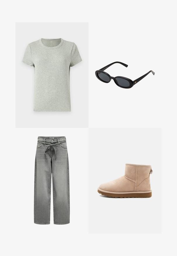 Graues kurzärmliges T-Shirt mit Rundhalsausschnitt, aus geripptem Stoff gefertigt. Glatte Textur mit regulärer Passform und minimalistischem Design.; Weite graue Denim-Jeans mit einem Kordelzugbund und vorderen Taschen. Der Stoff hat eine leichte Textur und einen verblassten Finish.; Beige Wildleder-Ankle Boot mit runder Zehenform, gesteppten Akzenten und einer strukturierten braunen Gummisohle. Mit einem Zugband an der Rückseite.; Schwarze, oversized Sonnenbrillen mit ovalen Gläsern, glattem Kunststoffrahmen und goldenen Akzenten an den Bügeln. Die dunklen Gläser bieten Sonnenschutz.; Schwarze patentierte Leder-Schultertasche mit geschwungener Form, ausgestattet mit einem silbernen Dreieckslogo und einem Reißverschluss. Glatte Textur und schmaler Riemen.