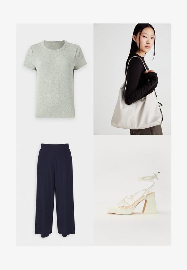 Sivá tričko s krátkym rukávom a okrúhlym výstrihom, vyrobené z rebrového materiálu. Hladká textúra s pravidelným strihom a minimálnym dizajnom.; Široké nohavice z tmavomodrej látky s ribbovanou textúrou. Obsahujú hladký pás a voľný siluetu, s dĺžkou po stred lýtok.; Biele sandále na vysokom opätku s hrubým podpätkom, s pruhovaným dizajnom a viazaním na členku. Hladký povrch s platformou vpredu pre zvýšenú výšku.; Béžová kabelka vyrobená z mäkkého materiálu, s uvoľneným dizajnom, prišitými detailmi a dvoma popruhmi na nosenie na pleciach. Vhodná na každodenné nosenie.