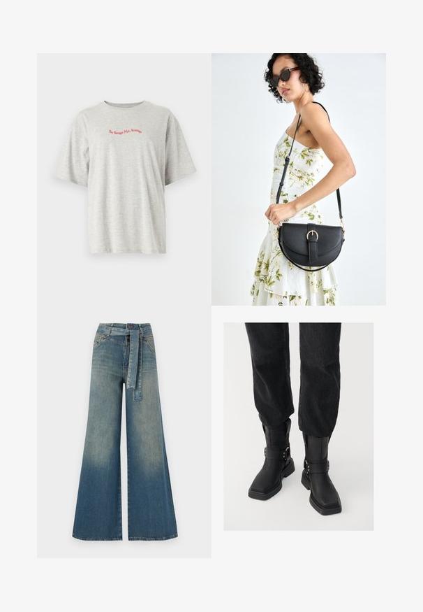 JJXX JXMILLOW LOOSE TEE - Trükipildiga T-särk - light grey melange; Laiad denimpüksid, millel on hele tume sinine gradiendiefekt, kõrge vöökoht, vöökumlid ja sobivast kangast vöö. Struktureeritud denimi viimistlus.; Mustas nahast pahkluu saapad ruudukujulise varbaga, laia rihma ja metallist luku detailiga. Saapad on tummise tallaga ja siledast tekstuurist.; Mustmust mustraha kõverate joontega, eemaldatava rihmaga ja kuldsete detailidega. Kotil on klapp, millel on pandladetail.