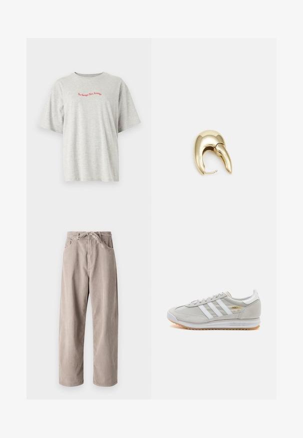JJXX JXMILLOW LOOSE TEE - Marškinėliai su spaudiniu - light grey melange; Šviesiai rudi kordūriniai kelniai, laisvo kirpimo, su raišteliu reguliuojamu juosmeniu, dviem priekinių kišenėlių ir vertikalia juostele.; Šviesiai pilki sportbačiai, pagaminti iš zomšos ir tinklinės medžiagos, su trimis baltais dryžiais, apvaliu pirštu ir guma padu. Auksinė logotipo detalė šalia raištelių.; Aukso tono metalinės auskarai su stilingu, kreiviu dizainu. Išsiskiria ryškiu smailiu pavidalu, poliruota paviršiumi ir užsegimu su vyriu.