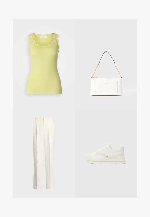 Rosemunde BABETTE U NECK - Top - guava green; Polo Ralph Lauren HEMP WIDE LEG PANT - Kalhoty - nevis; Bílé tenisky s kombinací hladkých a texturovaných materiálů, s jemným logem, šněrováním a zubatou podrážkou.; Bílá kožená kabelka s texturovaným povrchem, zdobená zlatým řetízkem a černými akcenty. Obsahuje přední kapsu a uzavírání na zip.