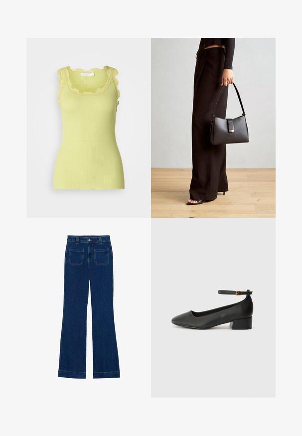 Rosemunde BABETTE U NECK - Top - guava green; Džínsy s rozšírenými nohavicami v tmavo modrej farbe s hladkou textúrou, dizajnom s piatimi vreckami a gombíkovým zapínaním v oblasti pása.; Čierne kožené lodičky s špicatou špičkou a nízkym blokovým podpätkom. Obsahuje remienok okolo členka so zlatým prackou. Hladký povrch.; Čierna kabelka so štruktúrovaným tvarom, hladkou textúrou a kovovou sponou. V kombinácii so širokými čiernymi nohavicami a sandálmi s otvorenou špičkou na drevenej podlahe.