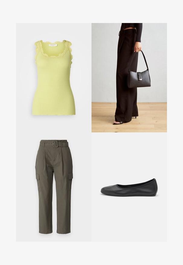 Rosemunde BABETTE U NECK - Top - guava green; Pantaloni cargo verde oliva, realizzati in tessuto leggero. Le caratteristiche includono una vita con cintura, pieghe frontali e tasche laterali con chiusure a patta.; Pantofole da balletto nere in pelle con punta arrotondata, texture liscia, dettagli di cucitura minimi e design con suola flessibile.; Borsa nera con forma strutturata, texture liscia e una chiusura metallica. Abbinata a pantaloni neri larghi e sandali open-toe su un pavimento in legno.