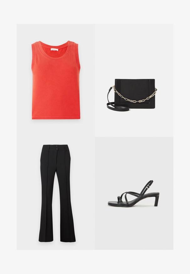 Punainen puuvillainen tanktoppi, jossa on leveät hihnat, pyöreä pääntie ja suora helma. Silkkinen rakenne ilman kuvioita tai koristuksia.; Musta leveälahkeinen housu kahdella edessä olevalla napilla, jossa on sileä, teksturoitu kangas ja pystysuorat saumat taitetun ilmeen saavuttamiseksi.; Mustat hihnalligat, joissa on neliön muotoinen kärki ja matala lohkokorko. Ominaisuuksiin kuuluu useita ohuita hihnoja ja säädettävä nilkkahihna. Valmistettu sileästä nahasta.; Musta nahkainen olkalaukku, jossa on sileä pinta, suorakulmainen muoto ja metalliketju yksityiskohtana edessä. Mukana säädettävä hihna.