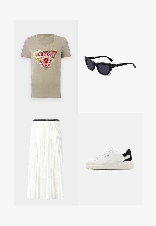 Khaki cotton t-shirt with a round neck, featuring a floral triangle design and the "GUESS" logo embellished with rhinestones.; Pleated white skirt with a black elastic waistband featuring the "LACOSTE" logo. Mid-length design with soft texture.; White leather sneakers with a thick white sole, black suede heel accent, and embossed logo on the side. Laced design with six eyelets.; Black oversized sunglasses with a geometric shape, featuring dark lenses and a contrasting grey detail on the frame. Logo on the arm.