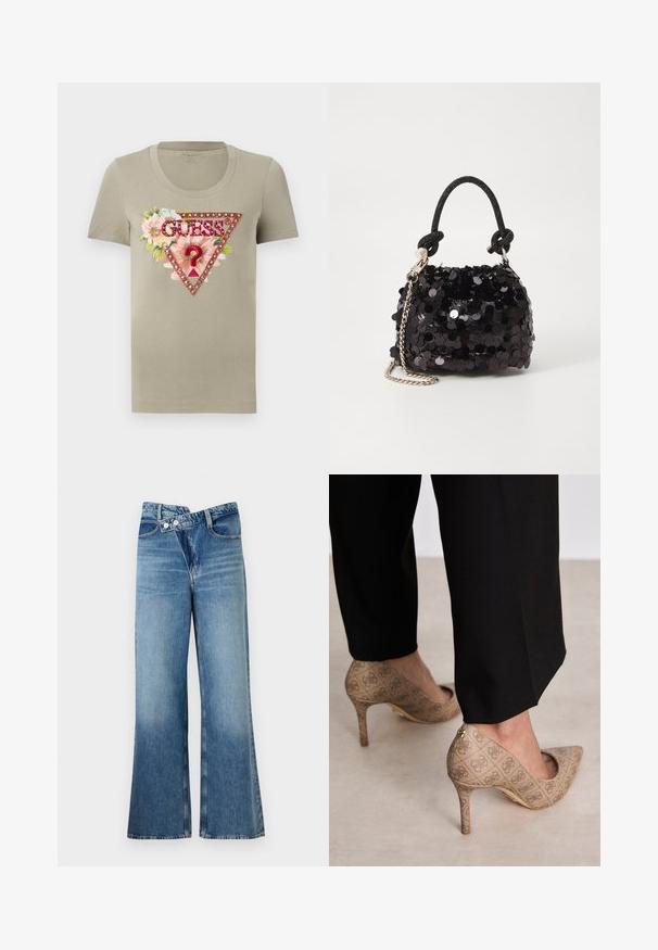 Camiseta de algodón color caqui con cuello redondo, que presenta un diseño triangular floral y el logo "GUESS" adornado con pedrería.; Jeans de mezclilla azul claro acampanados con cintura alta, que cuentan con dos botones y bolsillos frontales. La tela tiene una textura desteñida con variaciones sutiles.; Zapatos de tacón altos beige con una tela texturizada que presenta un patrón repetitivo. Diseño de punta afilada con un acento en la parte trasera y detalle de tacón dorado.; Bolso de mano mini negro con lentejuelas, con una correa de textura anudada y cadena plateada. Forma redondeada con parte superior fruncida y detalles reflectantes.