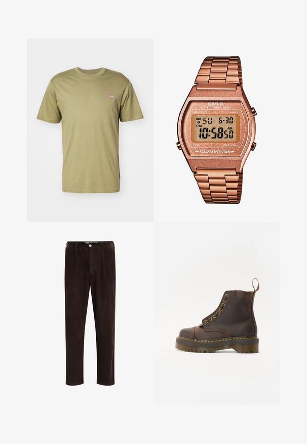 Olive green cotton t-shirt with short sleeves, crew neck, and small colorful logo on the left chest. Simple, classic design.; Redefined Rebel JOHN COMFORT FIT - Trousers - demitasse; Brown leather ankle boot with a round toe, contrasting yellow stitching, decorative metal eyelets, and a grooved rubber sole.; Digital Casio watch with a rose gold metal band, rectangular case, illuminated display, and water resistance, showing time and date.