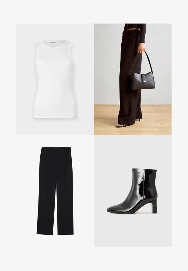 Balta be rankovių, nertinė liemenė, su apvaliu iškirpimu, lygaus paviršiaus ir maža prekės ženklo etiketė apatinėje šoninės siuvimo vietoje.; Juodos kelnes su tiesiomis sijonais, turinčios dvi priekinės kišenės ir juosmenį. Pagamintos iš lygios, lengvos medžiagos.; Juodos lakuotos odinės aulinukės su smailiu pirštu ir vidutinio aukščio blokuotu kulnu. Lygus paviršius ir minimalistinis dizainas.; Juodas rankinė struktūrizuota forma, lygi tekstūra ir metalinis užsegimas. Suporuota su plačiomis juodomis kelnėmis ir atvirais bateliais ant medinių grindų.