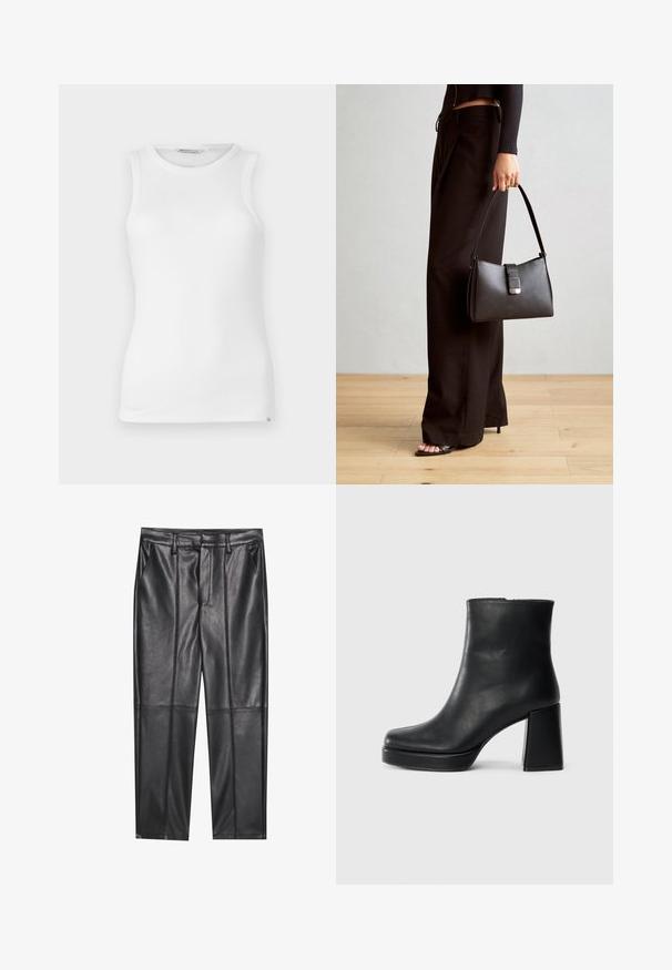 Canottiera bianca senza maniche in tessuto a coste, con scollatura rotonda, texture liscia e una piccola etichetta di marca sul lato inferiore della cucitura.; Pantaloni in pelle nera con una texture liscia, caratterizzati da un fit dritto, due tasche frontali e dettagli delle cuciture in evidenza.; Stivale alla caviglia in pelle nera con tacco a blocco e suola platform, visto di lato su uno sfondo bianco uniforme.; Borsa nera con forma strutturata, texture liscia e una chiusura metallica. Abbinata a pantaloni neri larghi e sandali open-toe su un pavimento in legno.