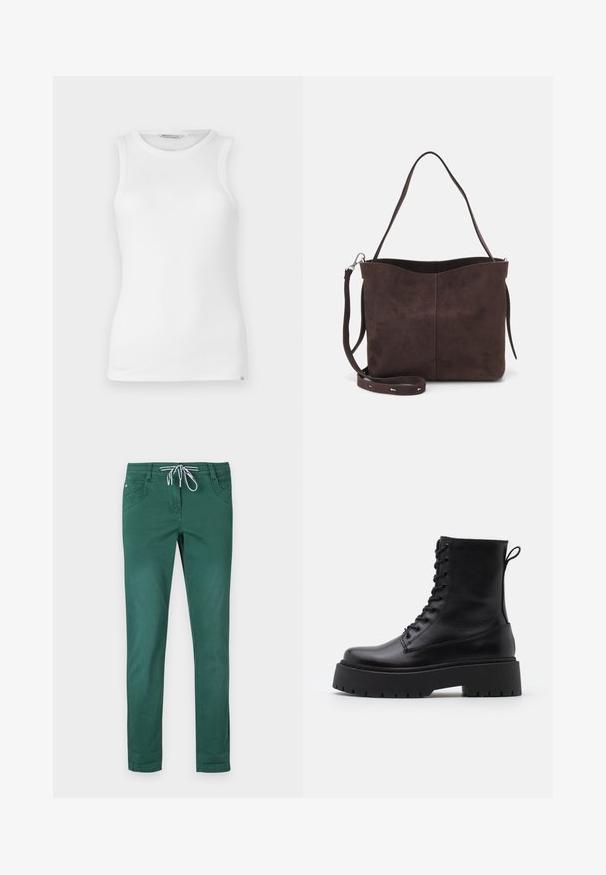 Top sin mangas de color blanco con canalé, que presenta un escote redondo, una textura suave y una pequeña etiqueta de marca en la costura lateral inferior.; Pantalones verdes de mezcla de algodón con un diseño de pierna recta, cintura con cordón ajustable y dos bolsillos frontales. Textura suave y sin patrones.; Botas de cuero negras hasta el tobillo con punta redonda, cordones en la parte delantera y una suela de goma gruesa con un dibujo texturizado. Tirador en la parte trasera.; Bolso tote de ante marrón con una textura suave, que presenta una sola correa para el hombro y una sutil apertura curva en la parte superior. Sin detalles de herrajes visibles.