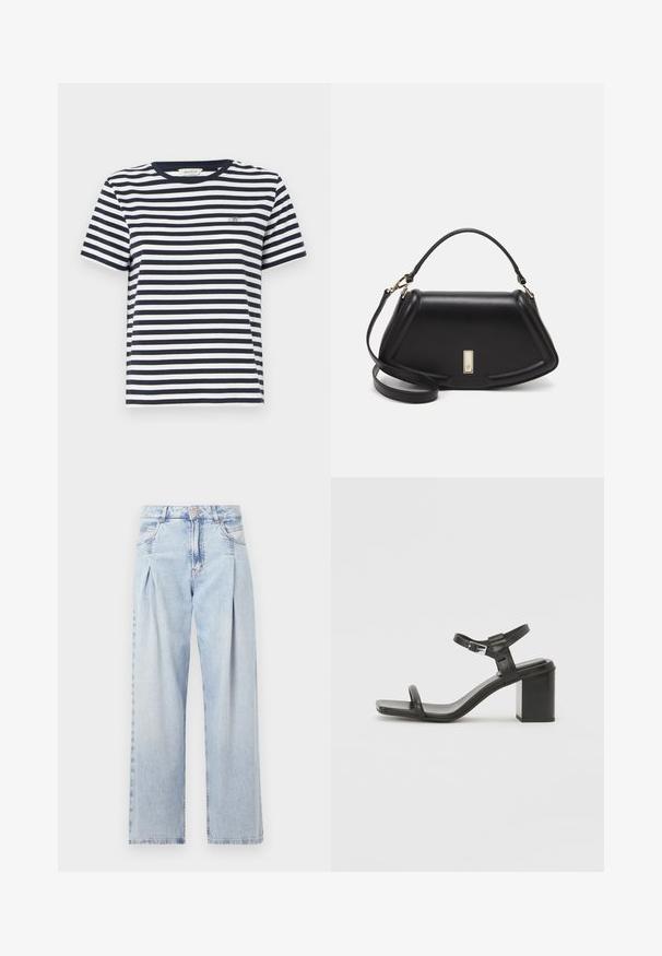 Navy and white striped cotton t-shirt with a round neckline and short sleeves, featuring a small embroidered logo on the chest.; Light blue denim jeans with a high waist, wide-leg cut, two side pockets, and pleated design feature. Soft texture with a faded finish.; Black leather block-heeled sandal with a wide strap across the toe and an adjustable ankle strap, featuring a sleek, minimalist design.; Black leather handbag with a structured design, featuring a cropped shape, top handle, and gold hardware accent. Adjustable shoulder strap included.
