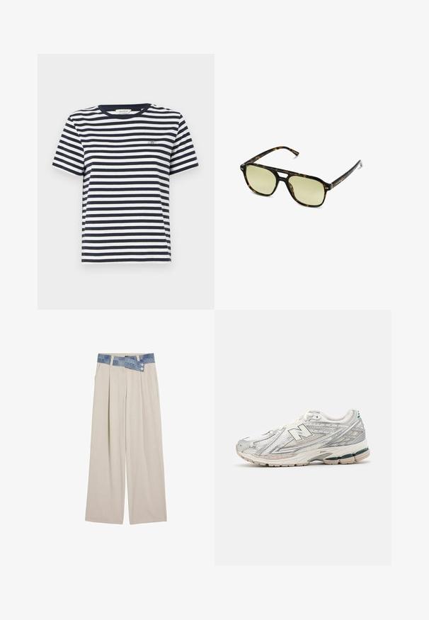 Marineblau-weiß gestreiftes T-Shirt mit rundem Ausschnitt, kurzen Ärmeln, weichem Baumwollmaterial und kleinem gesticktem Logo auf der Brust.; Hellbeige weite Hose mit einem Denim-Bund, der zwei Knöpfe und gefältelte Frontdetails aufweist. Sanfte Textur und lockere Passform.; Laufschuh mit einem silbernen und weißen Mesh-Obermaterial und grünen Akzenten. Die Sohle ist dick und strukturiert, um Dämpfung und Unterstützung zu bieten.; Schildkrötensonnenbrille mit rechteckiger Form, grün getönten Gläsern und gemusterten Acetatrahmen. Verfügt über metalliche Akzente in der Nähe der Gläser.