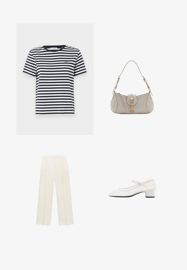 Blå og hvid stribet bomulds T-shirt med rund hals og korte ærmer, prydet med et lille broderet logo på brystet.; Bredbenede bukser i en lys cremefarve. Fremstillet af et glat stof med plisseringer foran og sidelommer.; Hvide patenterede læder Mary Jane-sko med en rund tå, mellemhøj chunky hæl og justerbar rem med en sølvspænde.; Lys grå lædertaske med en buet form, guldhardware, en lås foran og syede detaljer. Justerbar skulderrem inkluderet.