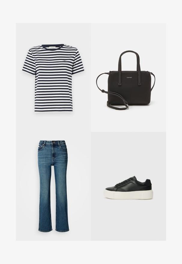 Camiseta de algodón a rayas en navy y blanco con cuello redondo y mangas cortas, que presenta un pequeño logo bordado en el pecho.; Jeans de tiro alto en azul, confeccionados en denim, con un diseño de pierna recta, un ligero desvanecido y un cierre estándar de botón y cremallera.; Zapatilla de cuero negro con punta redondeada, suela de plataforma blanca y cordones negros. Presenta un sutil logo en el talón y una textura suave.; Bolso de mano negro con dos asas cortas y una correa de hombro removible. Material suave tipo cuero con cierre de cremallera y detalle del logo.