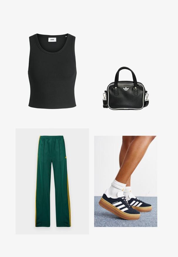 Black ribbed tank top with a round neckline and sleeveless design; made from a soft, stretchy fabric for comfort and fit.; Green athletic pants with yellow side stripes, elastic waistband, and two side pockets. Made of smooth, lightweight material.; Black suede sneakers with white stripes and accents, rounded toe, gum rubber outsole, paired with white ribbed crew socks.; Black leather handbag with two short handles, silver hardware, white accents, and a white logo. Features a textured surface and compact design.