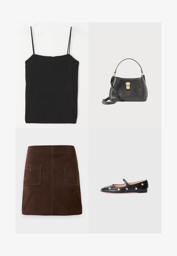 Čierny bezrukávový top s tenkými ramienkami, vyrobený z jemnej zmesi bavlny, s rovne strihaným výstrihom a priliehavým strihom.; Hnedá semišová sukňa s klasickým A-silhouette, dvoma prednými vreckami so zaoblenými klapkami a jemnými detailmi prešitia.; Čierne kožené baleríny typu Mary Jane s okrúhlou špičkou, so striebornými kruhovými cvokmi a nastaviteľným remienkom so sponou.; Čierna kožená kabelka s textúrovaným povrchom, vybavená zlatým uzamykacím systémom, krátkym držadlom a odnímateľným ramenným popruhom.