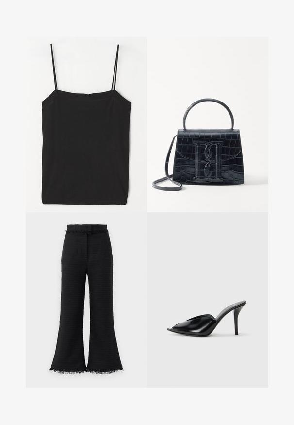 Czarna bezrękawnikowa koszulka z cienkimi ramiączkami, wykonana z miękkiej mieszanki bawełny, z prostym dekoltem i dopasowanym krojem.; Czarne spodnie o szerokich nogawkach, z fakturowanej tkaniny, z postrzępionym dołem i elastycznym pasem. Projekt charakteryzuje się gładkim wykończeniem i luźnym krojem.; Czarne skórzane mule na wysokim obcasie z odkrytym palcem, w szpiczastym designie, gładkiej teksturze i smukłym obcasie szpilce.; Czarna torebka z tłoczonej skóry krokodyla o zorganizowanej konstrukcji, z górnym uchwytem, regulowanym paskiem i wyraźnym detalem z logo z przodu.