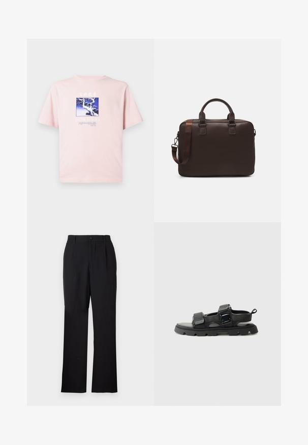 Šviesiai rožinė marškinė su mėlyna ir balta grafika, vaizduojančia sniego apdengtą medį ir gervių, su tekstu "HOKUSAI" ir menininko informacija apačioje.; Only & Sons ONSJEREMY LOOSE PANT - Kelnės - black; Juodos šlepetės su tekstūruotu audiniu, plačiomis juostelėmis, metaliniais sagties akcentais ir storu guminiais padu su griovelių raštu.; Ruda odinė nešiojamojo kompiuterio rankinė su tekstūruota paviršiumi, dviem viršutiniais rankenomis, reguliuojama juosta ir dviem priekiniais sagtimis papildomam akcentui.