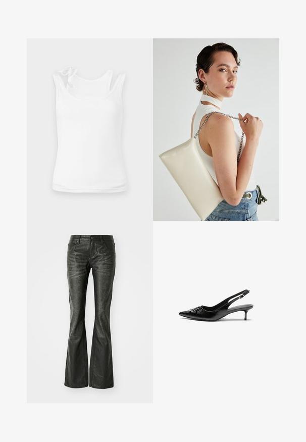 White tank top made of soft, stretchy fabric. Features a rounded neckline and thin straps with decorative tie detail. Smooth texture.; Black faux leather flared jeans with front pockets, a metal button closure, and a slightly textured surface. Straight leg with a long cut.; Black leather slingback heels with a pointed toe, small kitten heel, and a decorative knot detail on the front. Smooth texture throughout.; White rectangular clutch bag made of glossy material, featuring a silver chain strap. Model poses, showcasing the bag against a plain background.