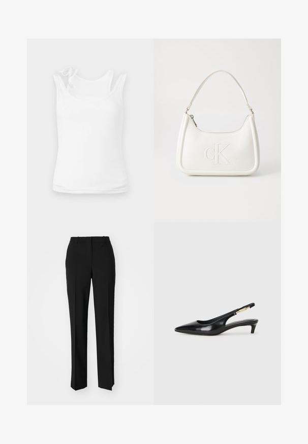 Biely tílko vyrobené z mäkkého, elastického materiálu. Má zaoblený výstrih a tenké ramienka s dekoratívnym viazaním. Hladká textúra.; Čierne krajčírské nohavice so strihom rovného nohu, s hladkou textúrou a ostrými skladmi pozdĺž prednej časti. Žiadne viditeľné hardvér.; Čierne kožené slingback opätky s špicatou špičkou, s úzkym opätkom a zlatým detailom na nastaviteľnom remienku. Hladká textúra.; Biela kožená kabelka s zakriveným tvarom, na prednej strane s embosovaným logom "CK" a jedným ramenným popruhom. Zipsové zapínanie navrchu.