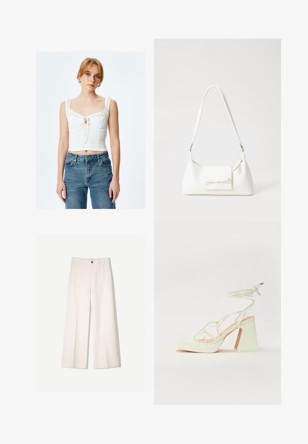 Witte cropped top van textiel met een vierkante halslijn en ruches aan de schouders; geknoopte detail in het midden. Gecombineerd met hooggewinde blauwe jeans.; Crème brede broek met een tailored ontwerp, voorzien van twee voorzakken en een enkele sluiting met een knop aan de voorkant, gemaakt van een gladde stof.; Witte hoge hakken sandaal met een chunky hak, met een bandjesontwerp en enkelband. Gladde textuur met een plateau voor extra hoogte.; Witte synthetische handtas met een driehoekige vorm, platte voorklep en strikdetail, verstelbare schouderriem, gladde textuur en minimalistisch ontwerp.