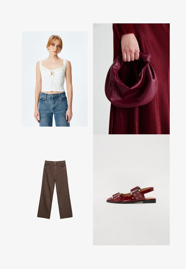 Top bianco corto con tessuto testurizzato, scollatura quadrata e spalline arricciate; dettaglio annodato al centro. Abbinato a jeans blu in vita alta.; Jeans a gamba larga marroni in denim, con vita alta, tasche anteriori e chiusura a bottone classica. Tessuto liscio con cuciture sottili.; Scarpe slingback in pelle verniciata bordeaux con punta appuntita, caratterizzate da due cinturini regolabili con fibbie e dettagli in metallo argentato.; Borsa in pelle bordeaux con un design morbido e arricciato e una forma arrotondata. Il manico è fissato, mostrando una texture liscia.