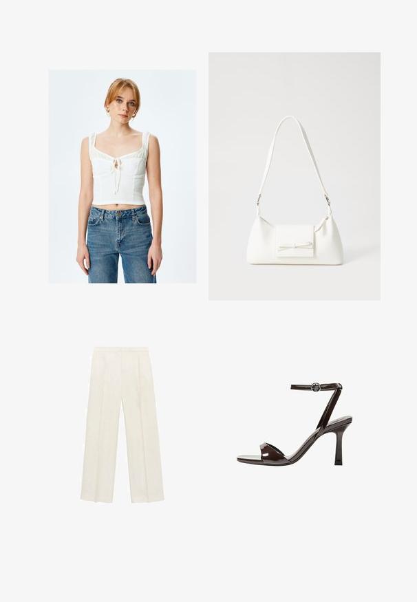 Hvid cropped top med tekstureret stof, firkantet halsudskæring og rynkede stropper; bindedetalje i midten. Kombineret med højtaljede blå jeans.; Bredbenede bukser i en lys cremefarve. Fremstillet af et glat stof med plisseringer foran og sidelommer.; Brune patentlæder højhælede sandal med ankelrem, åben tå og et elegant, minimalistisk design. Udstyret med en firkantet hæl.; Hvid syntetisk håndtaske med en trekantet form, flad forsideklap og sløjfedetalje, justerbar strop, glat tekstur og minimalistisk design.