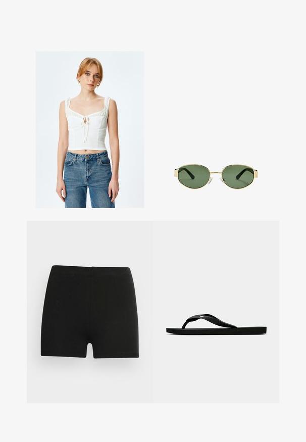 Hvid cropped top med tekstureret stof, firkantet halsudskæring og rynkede stropper; bindedetalje i midten. Kombineret med højtaljede blå jeans.; Sorte bomulds shorts med et tætsiddende design og elastisk talje. Glat tekstur, længde til midt på låret, og uden synlige mønstre eller accenter.; Sorte gummiflip-flopsandaler med en tekstureret rem og simpel flad sål, vist fra siden på en lys ensfarvet baggrund.; Solfarvede solbriller med guldmetalramme, grønne linser, oval form, sorte stænger og klare næsepuder. Rent, minimalistisk design.