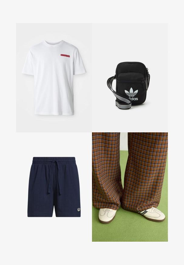 Balta medvilninė marškinė su apvalia kaklo išpjova, trumpomis rankovėmis ir mažo raudono grafikos akcentu kairėje krūtinės pusėje.; Tamsiai mėlyni sportiniai šortai su elastine liemene ir raišteliu. Tekstūruota, orui pralaidi medžiaga su mažu baltu logotipu apatiniame krašte.; Rudos ir mėlynos langelinės plačios kelnės, derinamos su baltais batais su juodais akcentais ir tekstūruotais padais, prieš žalią foną.; Juodas audinio per petį nešiojamas krepšys su užtrauktuku, turintis baltą Adidas logotipą ir dryžuotą reguliuojamą diržą patogiam nešiojimui.