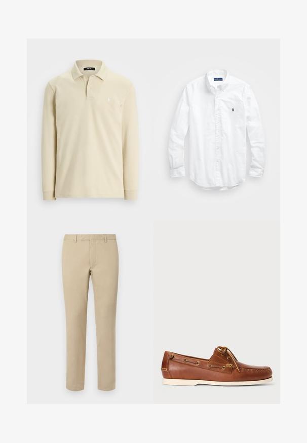 Beige long-sleeve polo shirt with collar, two buttons, ribbed cuffs, and small white embroidered logo on left chest.; White long-sleeve button-up shirt in cotton. Features a classic collar, button cuffs, and a small navy embroidered logo on the chest.; Beige cotton trousers with a straight cut, featuring belt loops, a flat front, and tailored hems. Smooth texture and minimal detailing.; Brown leather boat shoe featuring lacing, gold eyelets, and cream rubber sole. Designed with a raised stitching pattern on the toe.