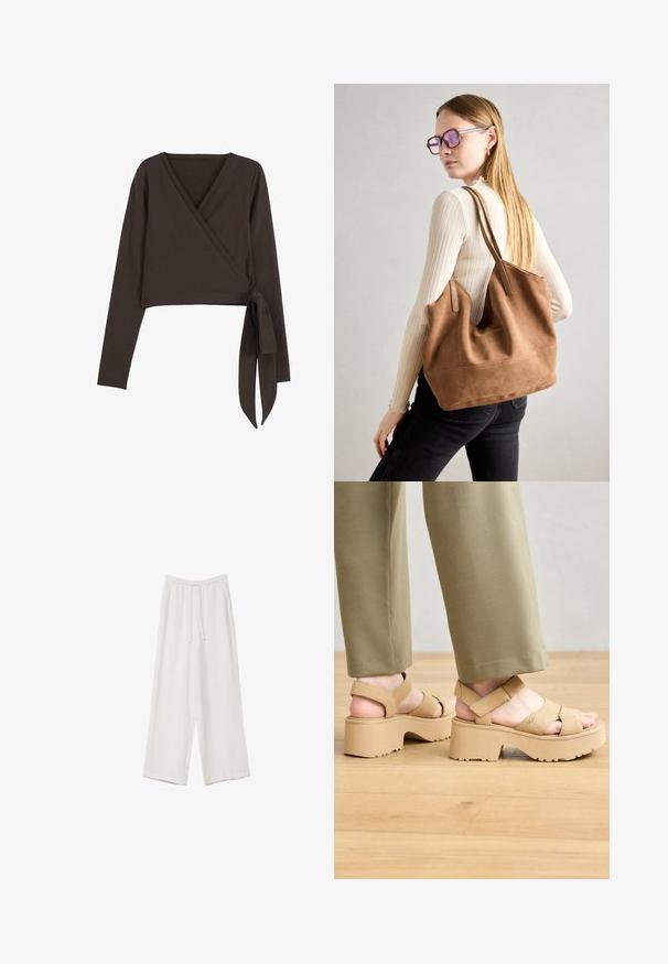 Hnedý dlhý rukáv vrchný diel so širokým V-výstrihom a detailom bočného viazania. Vyrobený z mäkkej, elastickej látky s hladkou textúrou.; Biele široké nohavice vyrobené z ľahkej tkaniny. Obsahujú elastický pás so sťahovacou šnúrkou a bočné vrecká. Hladká textúra.; Béžové semišové platformové sandále so širokými popruhmi a robustnou podrážkou. Obsahujú nastaviteľný zadný popruh a štruktúrovaný vzor podrážky pre lepšiu priľnavosť.; Hnedá semišová taška na rameno s mäkkou textúrou, veľkým otvorom a dlhými popruhmi. Má jednoduchý dizajn s viditeľným šitím a bez kovových prvkov.
