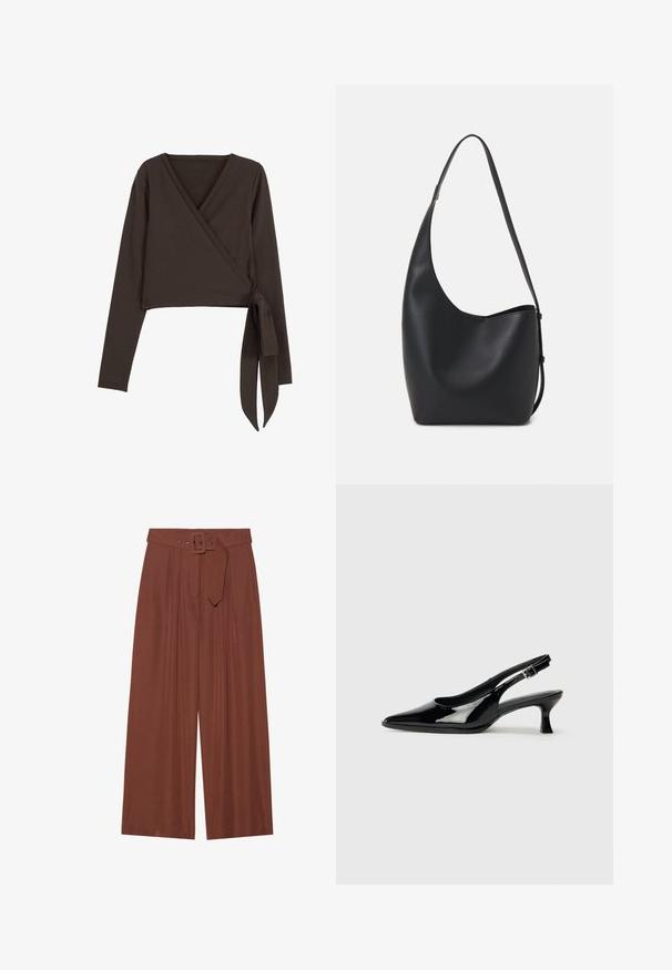 Brązowa bluzka z długim rękawem, z głębokim dekoltem w serek i szczegółem w postaci bocznego sznurowania. Wykonana z miękkiego, elastycznego materiału o gładkiej fakturze.; Spodnie o szerokich nogawkach w brązowym materiale, z paskiem z kwadratową klamrą, plisowanym wzorem i gładką teksturą.; Czarne lakierowane buty typu slingback z ostro zakończonym noskiem i niskim słupkowym obcasem. Regulowane zapięcie w kostce.; Czarna skórzana torba hobo o gładkiej fakturze, zaokrąglonym kształcie i pojedynczym, regulowanym pasku; posiada szerokie otwarcie na górze.