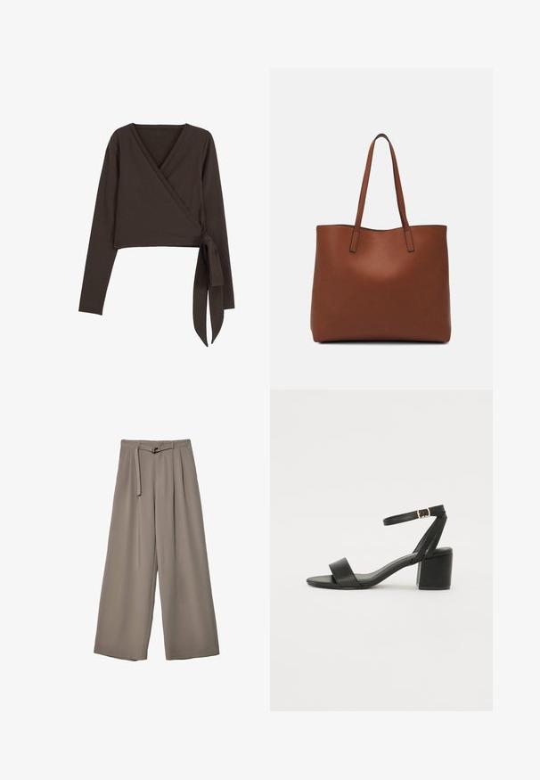 Maglia avvolgente marrone a maniche lunghe con profondo scollo a V e dettaglio con fiocco laterale. Realizzata in tessuto morbido ed elastico con una texture liscia.; Pantaloni a gamba larga in un morbido tessuto grigio tenue, con vita con cintura e pieghe per un tocco di design aggiuntivo. Texture liscia, senza motivi.; Sandalo nero con tacco alto, caratterizzato da una tomaia in pelle liscia, punta aperta, ampie fasce frontali e cinturino a caviglia regolabile con un dettaglio in fibbia dorata.; Borsa tote in pelle marrone con texture liscia, design con apertura superiore e due spallacci. Presenta cuciture minime e nessun hardware visibile.