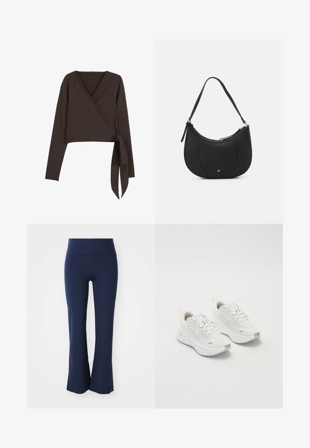 Braunes Langarm-Wrap-Top mit tiefem V-Ausschnitt und seitlichem Bindeband. Hergestellt aus weichem, dehnbaren Stoff mit glatter Textur.; Marineblaue Schlaghose aus dehnbarem Stoff mit weitem Bund. Glatte Textur und keine sichtbaren Muster oder Metallteile.; Weiße Sportschuhe mit einem strukturierten Mesh-Obermaterial, gepolsterter Sohle und dezenten grauen Akzenten. Enthält Branding und eine Schlaufe an der Ferse für einfaches Anziehen.; Schwarze Lederhandtasche mit geschwungenem Design, strukturiertem Material, vorderen Nähten und einem Logo in Goldtönen. Verfügt über einen einzelnen verstellbaren Tragegurt.