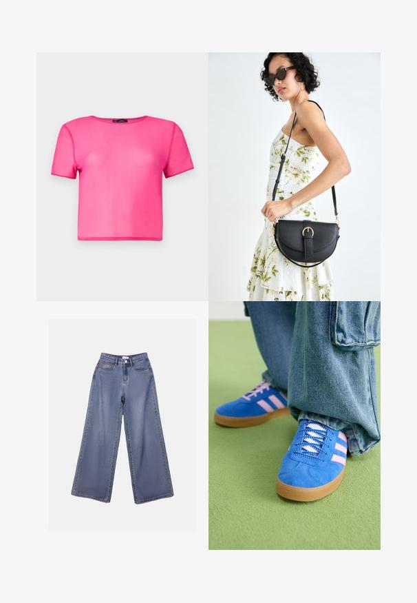 Short-sleeved, cropped t-shirt in bright pink, made of lightweight, smooth material with a round neckline and no visible patterns or accents.; Wide-leg denim jeans in a light blue wash, featuring a high waist, front pockets, and a button closure with belt loops.; Blue suede shoes with pink stripes and white laces, featuring a gum rubber sole, paired with loose denim pants on a green surface.; Black leather handbag with a curved shape, detachable strap, and gold hardware. The bag features a flap with a buckle detail.
