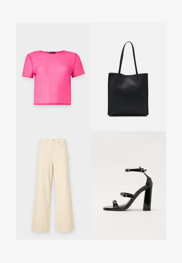 Trumpas rankovėmis, nusmukęs marškinėliai ryškiai rožinės spalvos, pagaminti iš lengvos, lygios medžiagos, su apvaliu kaklu ir be matomų raštų ar akcentų.; Bežinės plačios kojos džinsai, pagaminti iš medvilnės. Turintys sagos uždarymą, diržo kilpas ir priekinės kišenes su lygia, švelnia tekstūra.; Juoda blizgi lakuota basutė su kvadratiniu pirštu, kulkšnies dirželiais ir sidabro sagtimis. Yra tvirta blokinė kulno konstrukcija, užtikrinanti stabilumą.; Juodas odinis tote krepšys su lygia tekstūra, stačiakampio formos ir dviem ilgais rankenomis. Matomų metalinių detalių ar puošybos nėra.